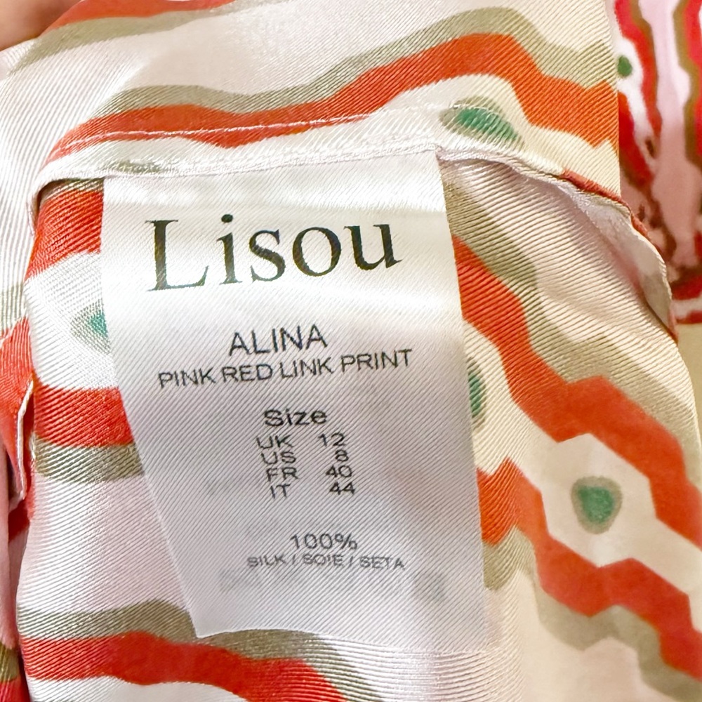 NWT Lisou Alina Silk Twill Pink Red Link Print Belted Button Front Shirt Dress - Picture 7 of 10